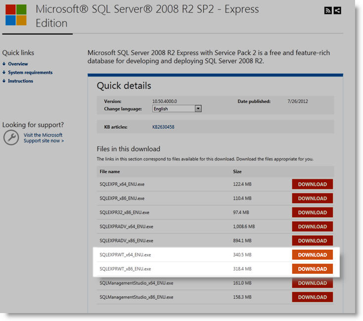 If you are running a 32-bit operating system, then click the Download button next to SQLEXPRWT_x86.exe.